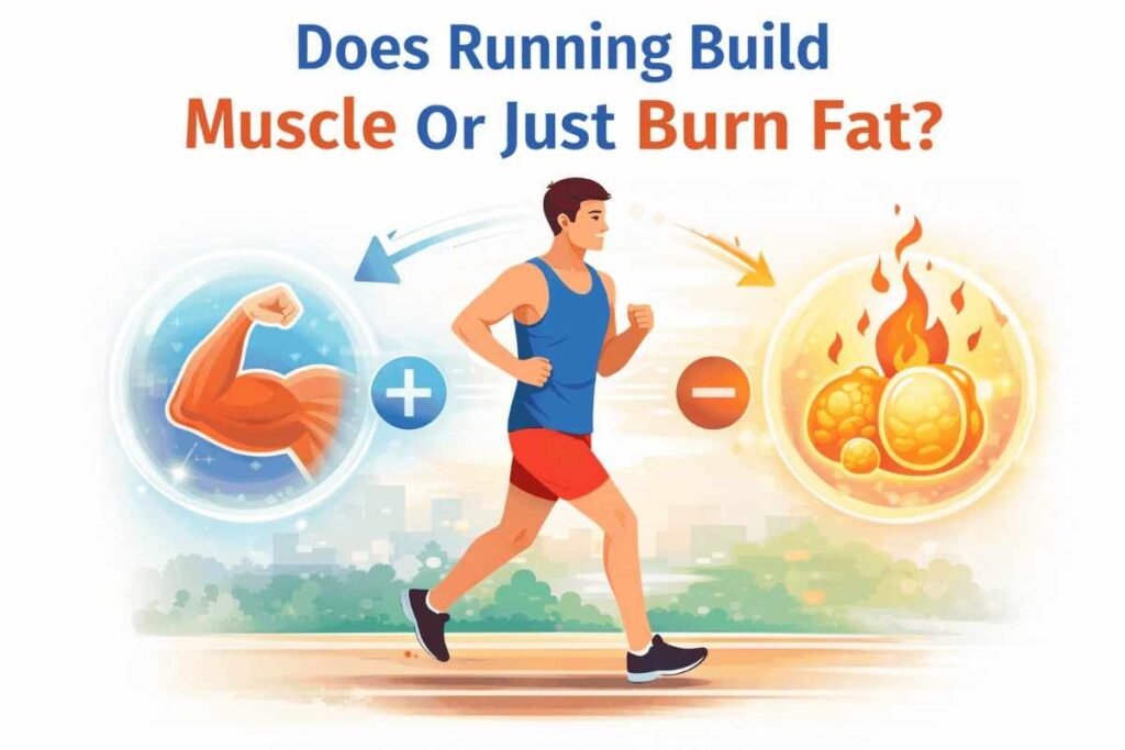 Does running build muscle or just burn fat illustration showing a runner with muscle and fat icons by healthmetabolismreset