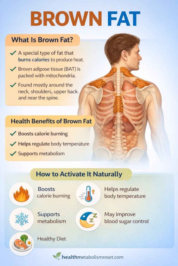 ChatGPTImageJan3202612_53_46P Medical infographic showing brown fat locations in the body, including the neck, shoulders, upper back, and along the spine, with text explaining what brown fat is, its health benefits, and natural ways to activate it.