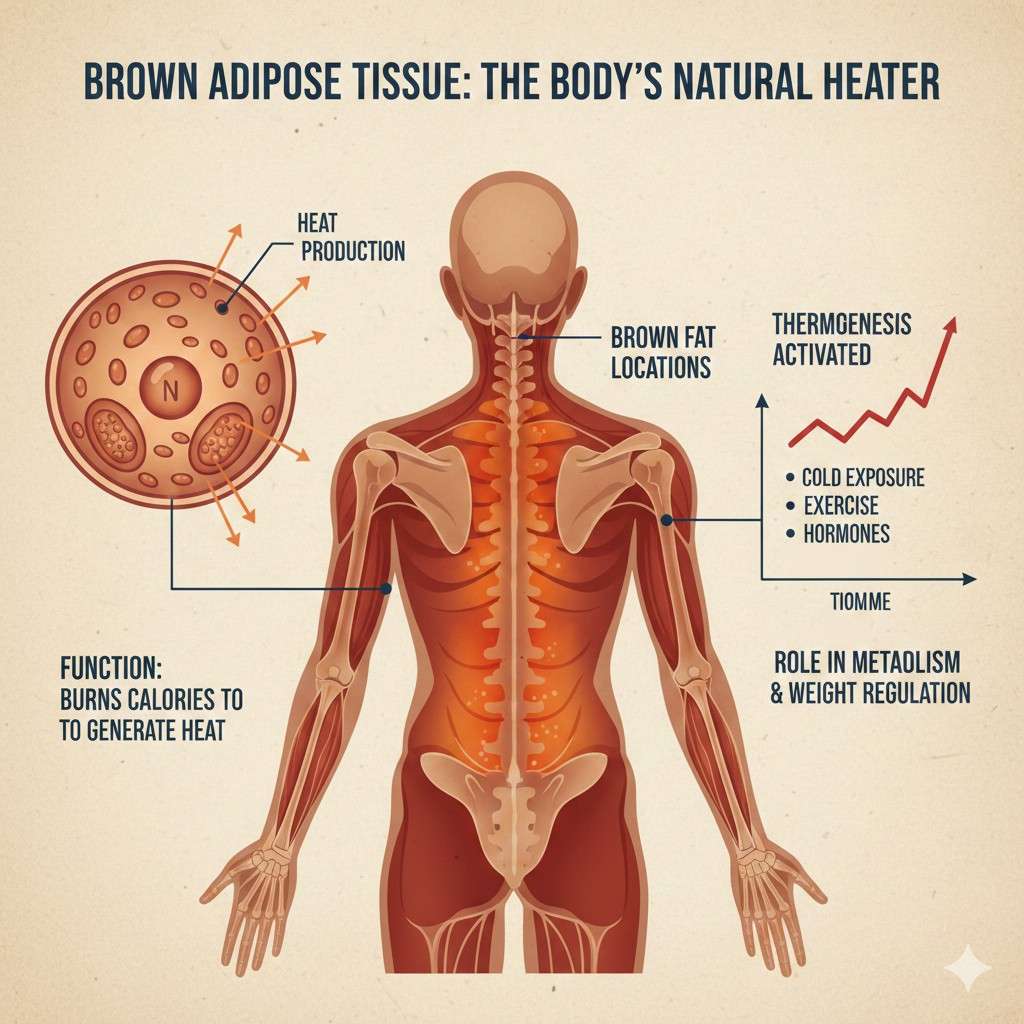 Gemini_Generated_Image_gprkmhgprkmhgpr An infographic titled "Brown Adipose Tissue: The Body’s Natural Heater." The central image shows a human back highlighting common brown fat locations along the spine, neck, and shoulders in bright orange. To the left, a microscopic diagram of a brown fat cell shows multiple small lipid droplets and a nucleus (labeled N) emitting heat arrows. To the right, a line graph illustrates "Thermogenesis Activated" over time, listing triggers such as cold exposure, exercise, and hormones. Text at the bottom describes its function: "Burns calories to generate heat" and its "Role in metabolism & weight regulation."