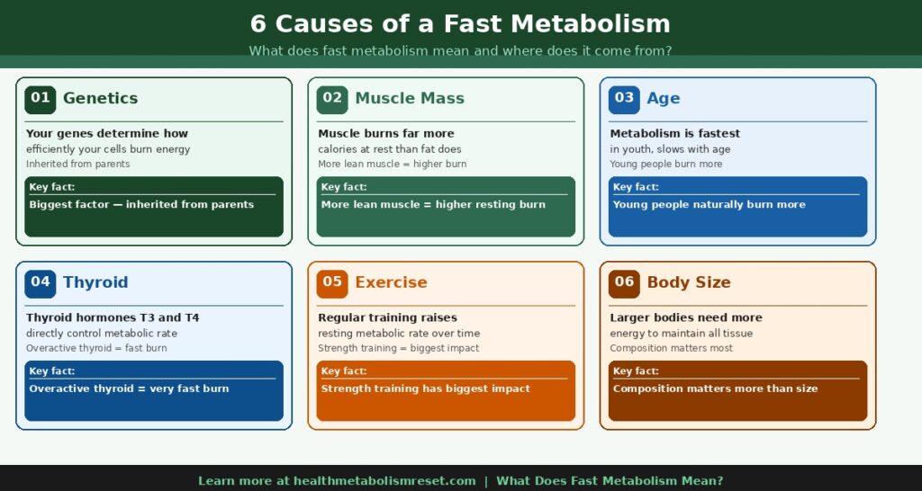 what causes fast metabolism showing 6 reasons for fast metabolism meaning
What does fast metabolism mean – infographic showing causes like genetics, muscle mass, age, thyroid, exercise, and body size affecting metabolism speed.