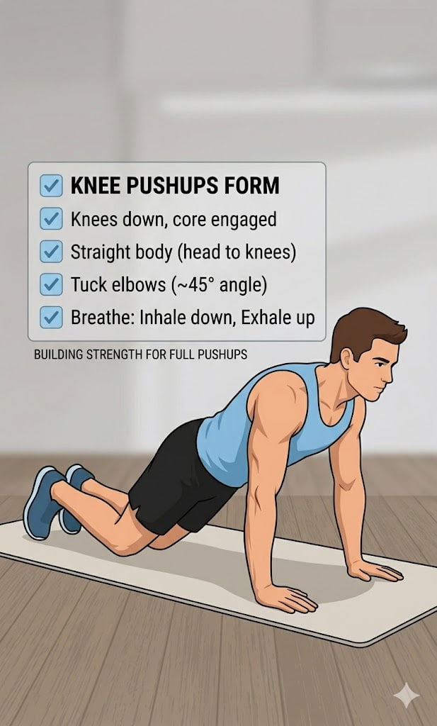 Proper knee pushups form illustration showing an engaged core and a straight body line from head to knees.