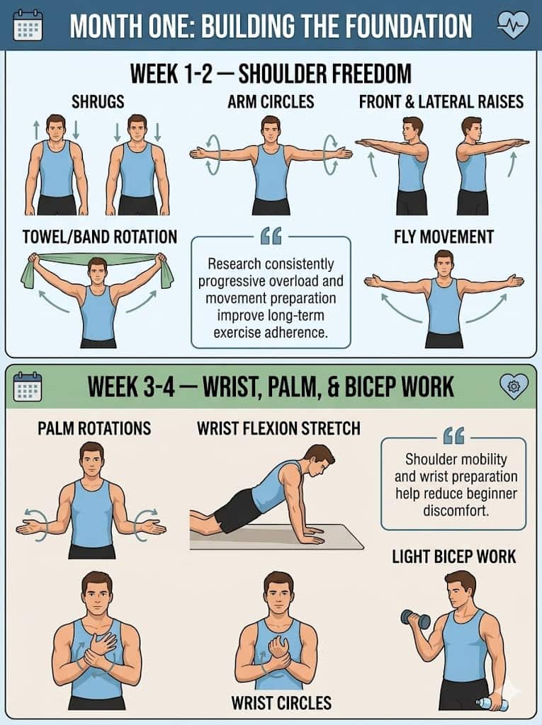 Beginner movement preparation guide illustrating shoulder mobility exercises and wrist stretch variations for pushups.