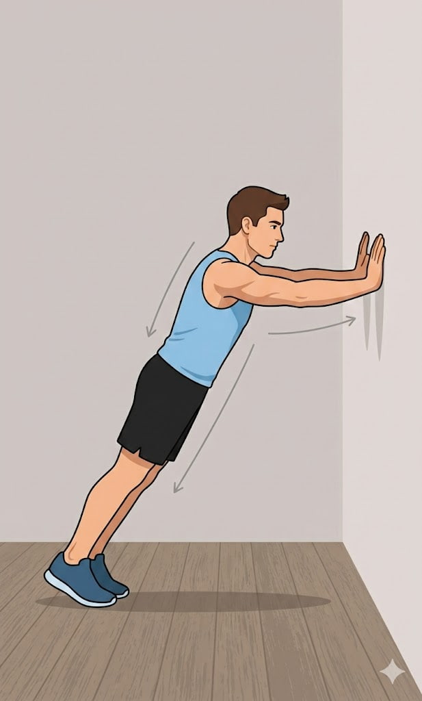 A beginner performing a wall pushup with proper form to build upper body strength.