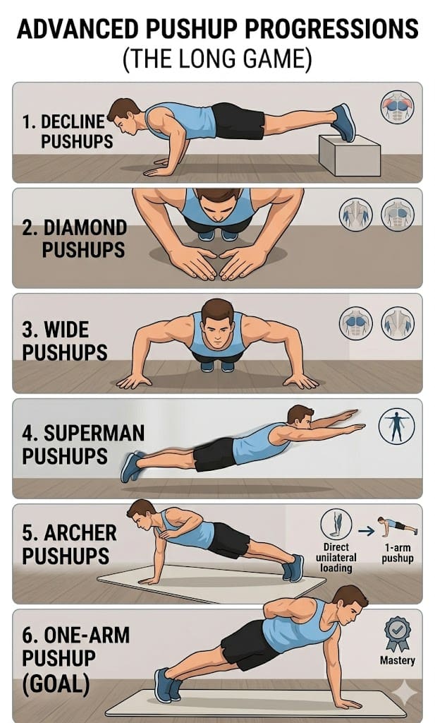 Advanced pushup progressions chart from decline and diamond variations to the one-arm pushup goal.