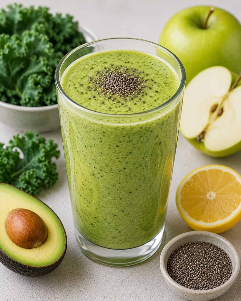 Closing Strong with Greens smoothie with kale, avocado, green apple, lemon, and chia seeds in a healthy green smoothie glass.
