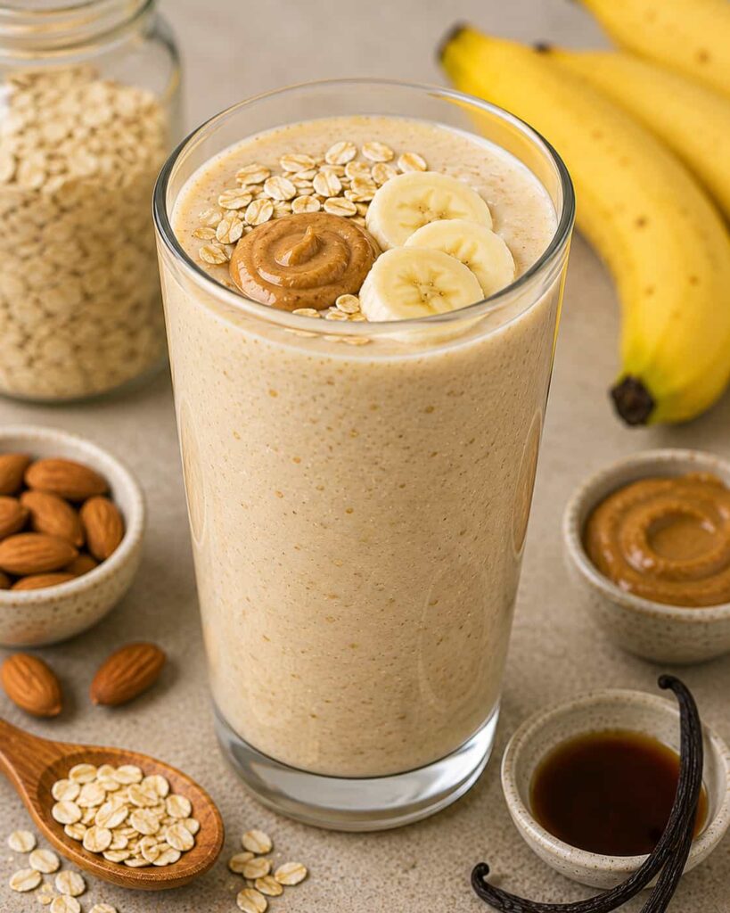 High-Fiber Saturday smoothie with oats, almond butter, banana, and almond milk for a filling breakfast smoothie idea.