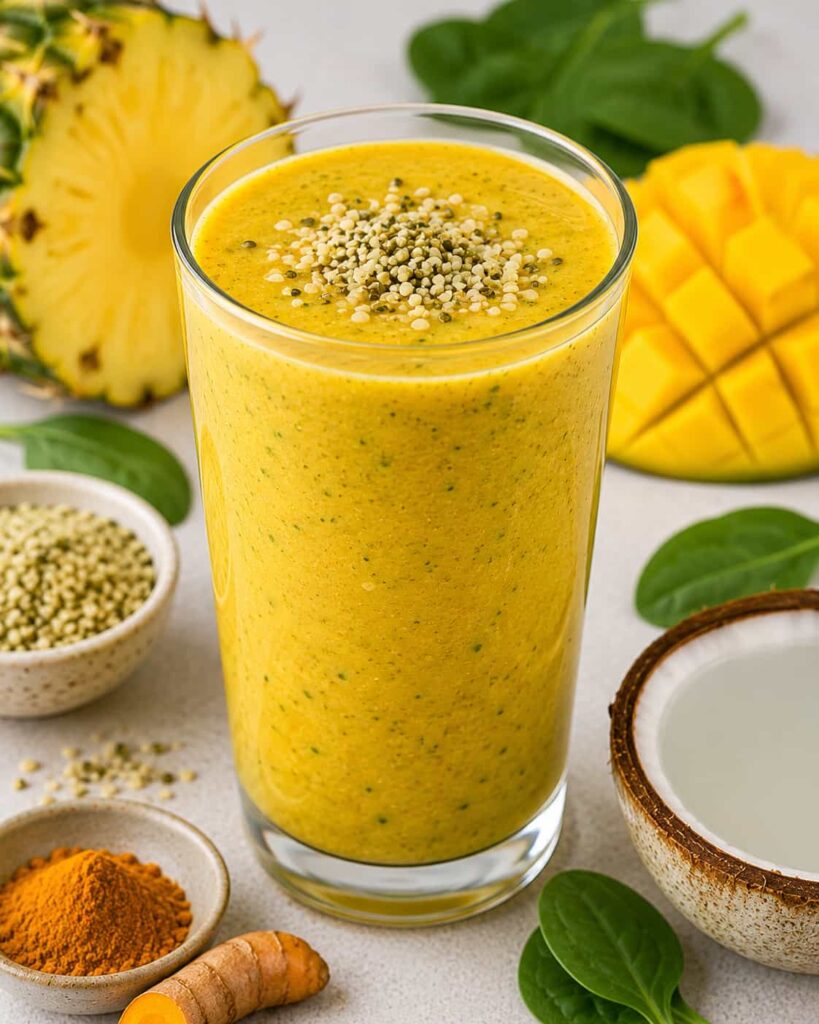 Tropical Anti-Inflammatory smoothie with pineapple, mango, turmeric, spinach, and hemp seeds for healthy weight management.