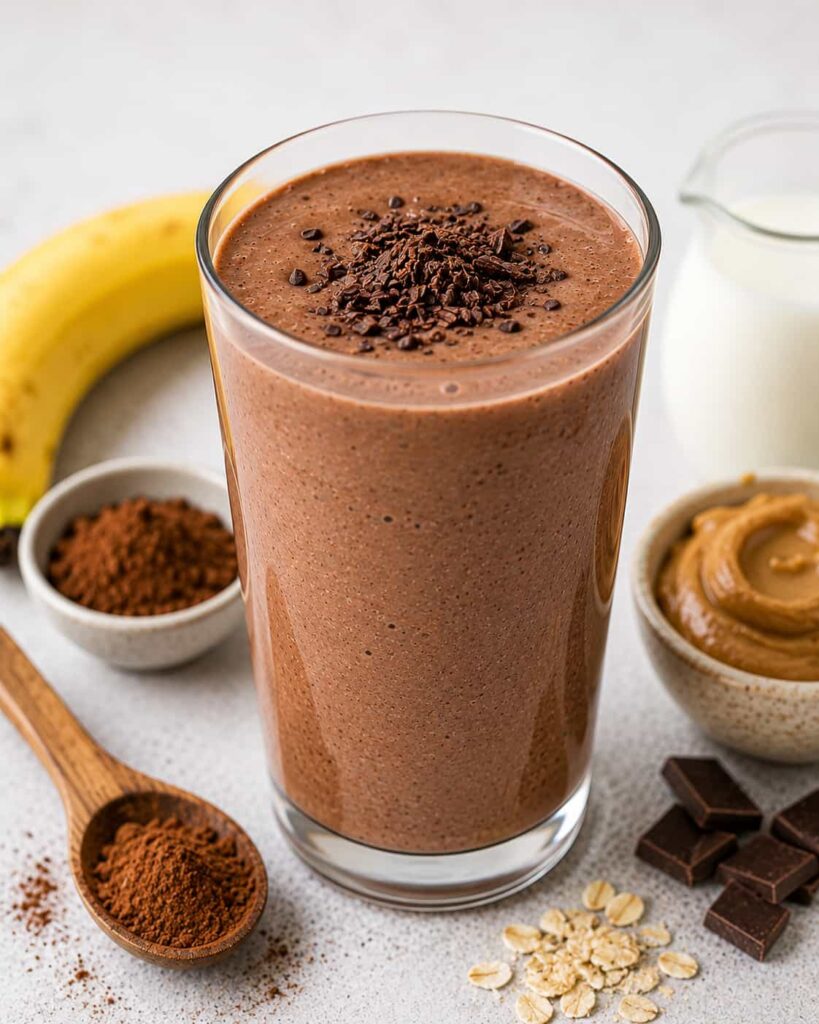 Midweek Chocolate Reset smoothie with cocoa powder, banana, peanut butter, and oat milk in a creamy chocolate smoothie glass.