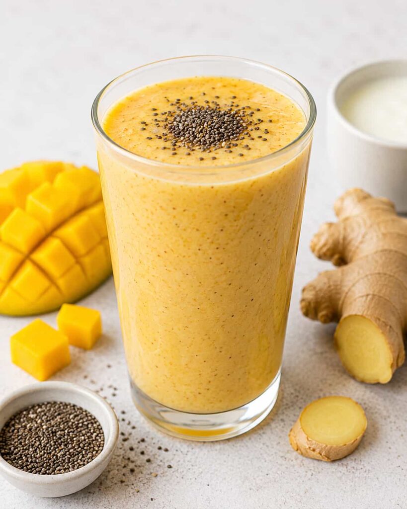 Gut-Friendly Mango Ginger smoothie with mango, chia seeds, ginger, and kefir for a healthy digestion-friendly breakfast.
