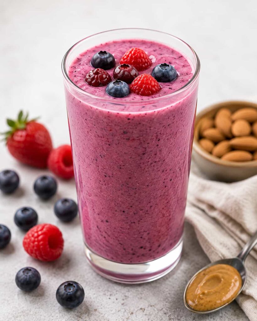 Protein-Forward Berry Blend smoothie with blueberries, raspberries, almond butter, and protein powder for weight loss.