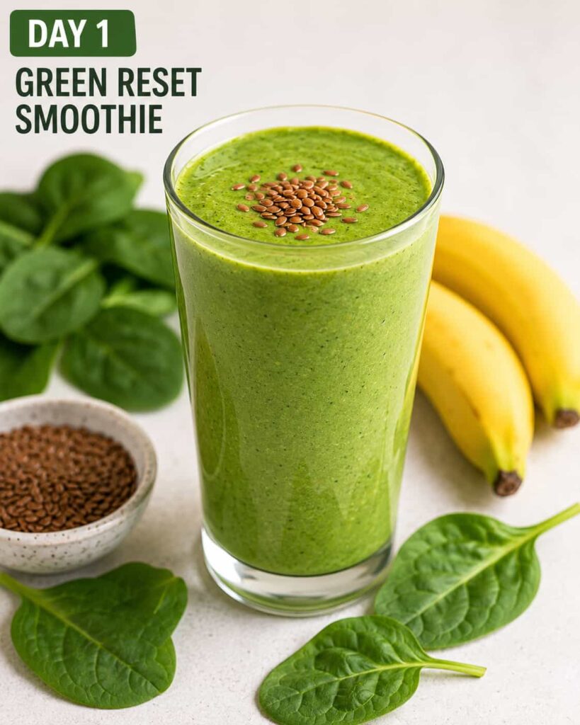 Green Reset Smoothie with spinach, banana, flax seeds, and almond milk in a healthy breakfast smoothie glass.