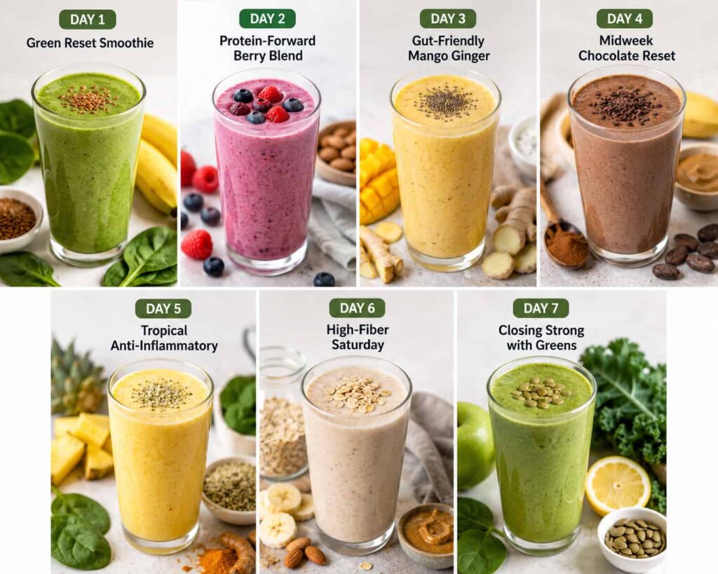 7-Day Smoothie Weight Loss Diet Plan collage featuring seven healthy smoothie recipes with fruits, greens, oats, chocolate, mango, berries, and avocado smoothies for weight management.
