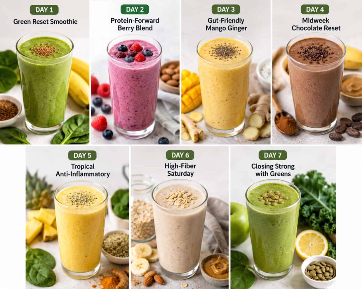 7-Day Smoothie Weight Loss Diet Plan collage featuring seven healthy smoothie recipes with fruits, greens, oats, chocolate, mango, berries, and avocado smoothies for weight management.
