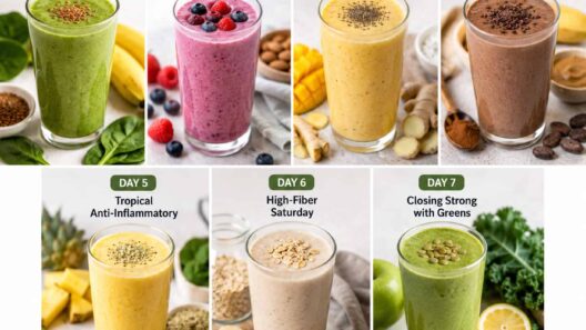 7-Day Smoothie Weight Loss Diet Plan collage featuring seven healthy smoothie recipes with fruits, greens, oats, chocolate, mango, berries, and avocado smoothies for weight management.