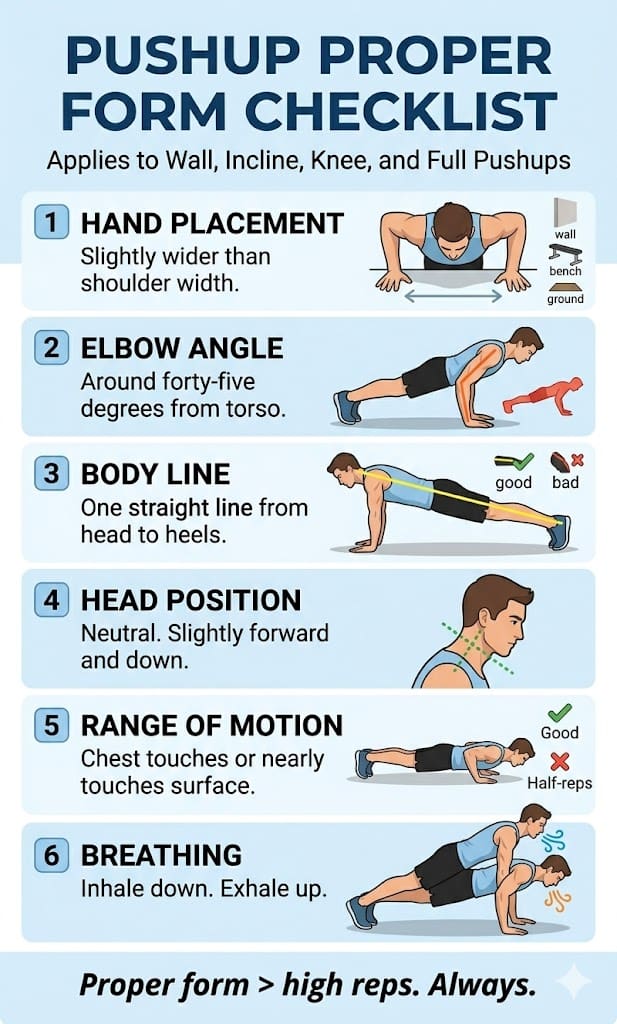 Pushup proper form checklist diagram highlighting correct hand placement, elbow angle, body line, and breathing technique.