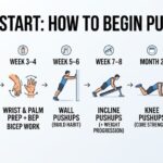 Infographic roadmap on how to do a pushup for beginners, showing an 8-week progression from shoulder mobility to full pushup form.