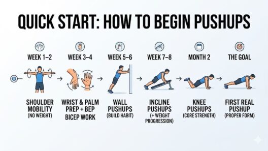 Infographic roadmap on how to do a pushup for beginners, showing an 8-week progression from shoulder mobility to full pushup form.