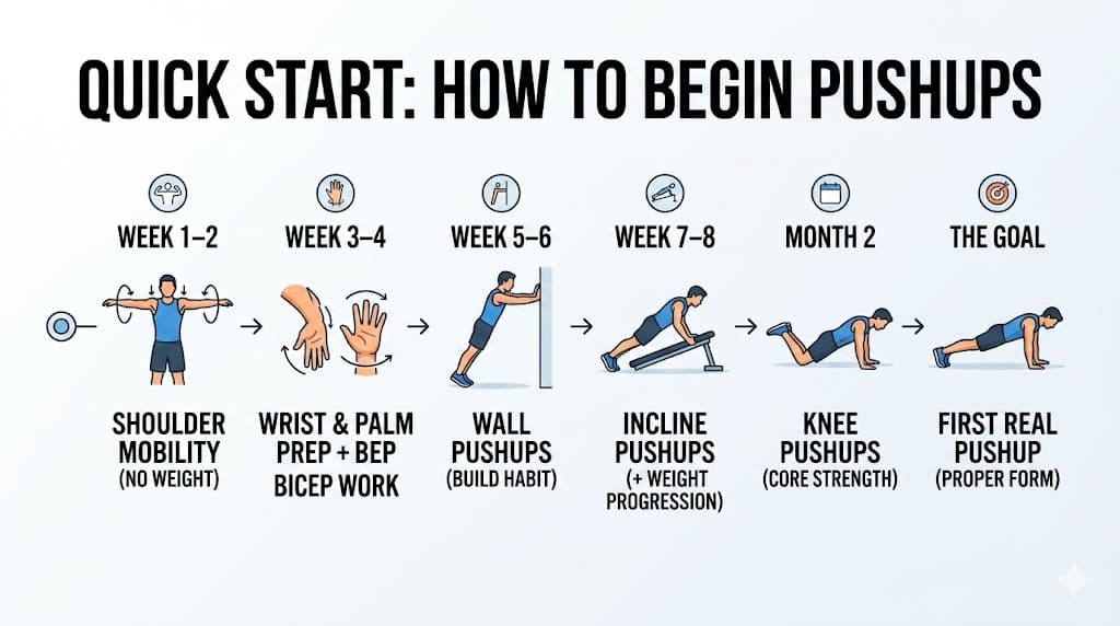 Infographic roadmap on how to do a pushup for beginners, showing an 8-week progression from shoulder mobility to full pushup form.