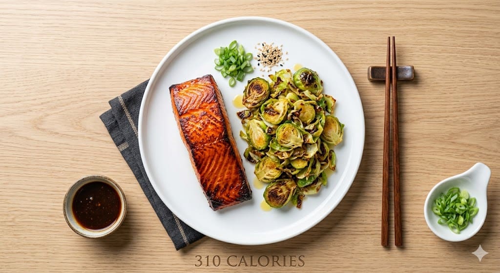 310 calorie seared wild alaskan salmon fillet with caramelized brussels sprouts — best low calorie salmon recipe for lean body