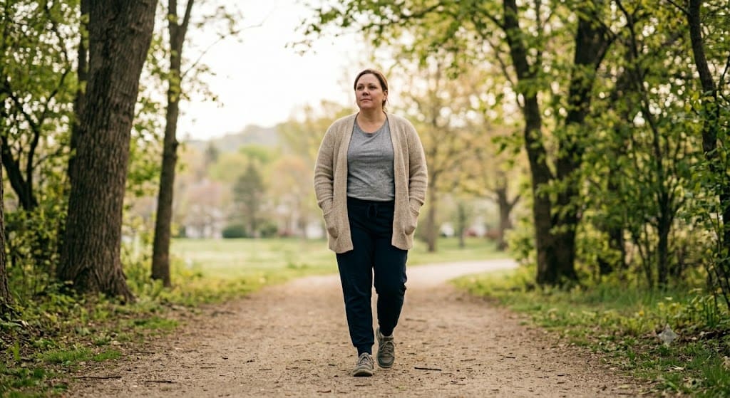 
how to lose weight under stress — woman walking outdoors for low intensity daily movement