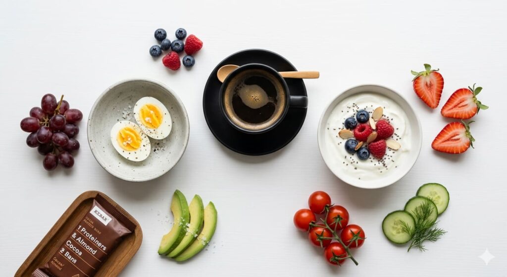 appetite suppressant tips for weight loss — black coffee protein foods flat lay