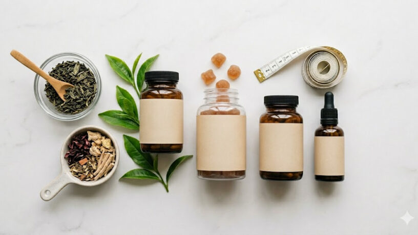 best supplements for bloating and weight loss — natural weight loss supplement bottles and gummies flat lay