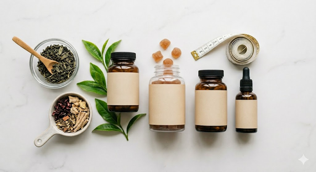 best supplements for bloating and weight loss — natural weight loss supplement bottles and gummies flat lay
