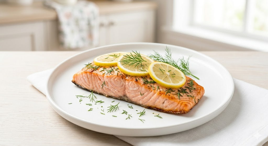 classic oven baked salmon fillet with lemon slices and dill herbs on white plate — easy salmon recipe for weight loss