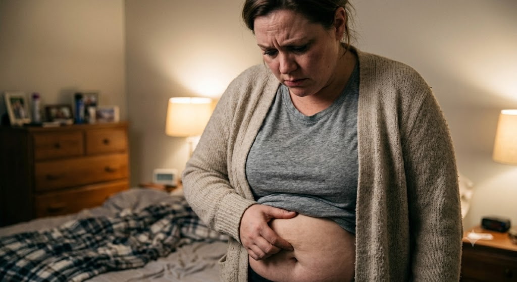 cortisol and weight gain — woman holding stressed abdomen showing stress related belly fat