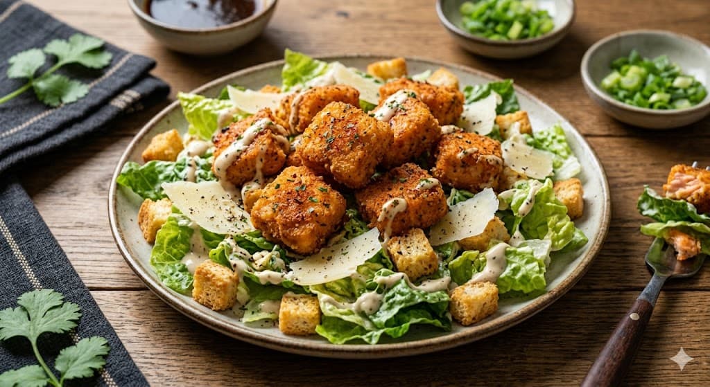 crispy cajun salmon nuggets served on fresh caesar salad with croutons — salmon recipes for lean body