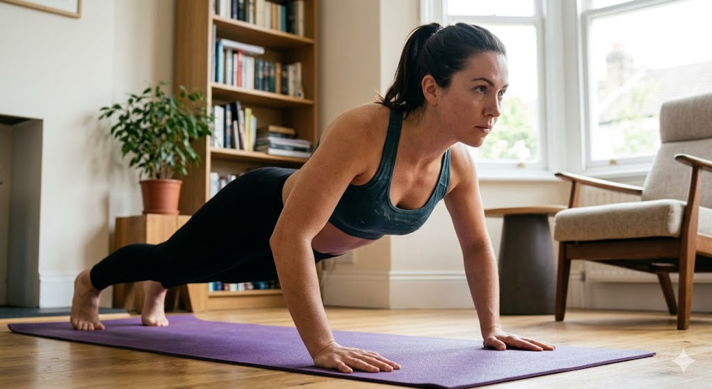 exercises to prevent sagging boobs — woman doing push-ups at home for chest muscle strength