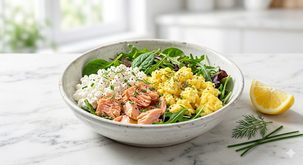 healthy salmon breakfast bowl with flaked pink salmon cottage cheese egg substitute and mixed greens — salmon recipes for weight loss