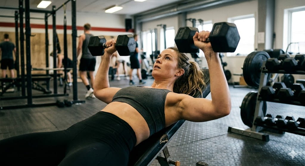 how to fix sagging boobs after weight loss — woman doing chest press exercise for pectoral strength