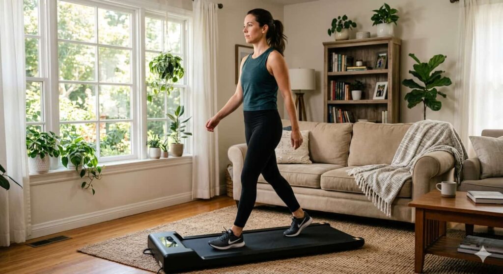 how to lose weight without going to the gym female — woman walking on walking pad at home