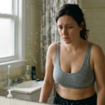 how to prevent boobs from sagging — woman concerned about sagging breasts looking in bathroom mirror