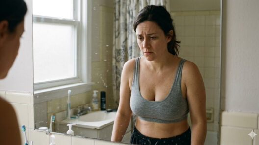 how to prevent boobs from sagging — woman concerned about sagging breasts looking in bathroom mirror