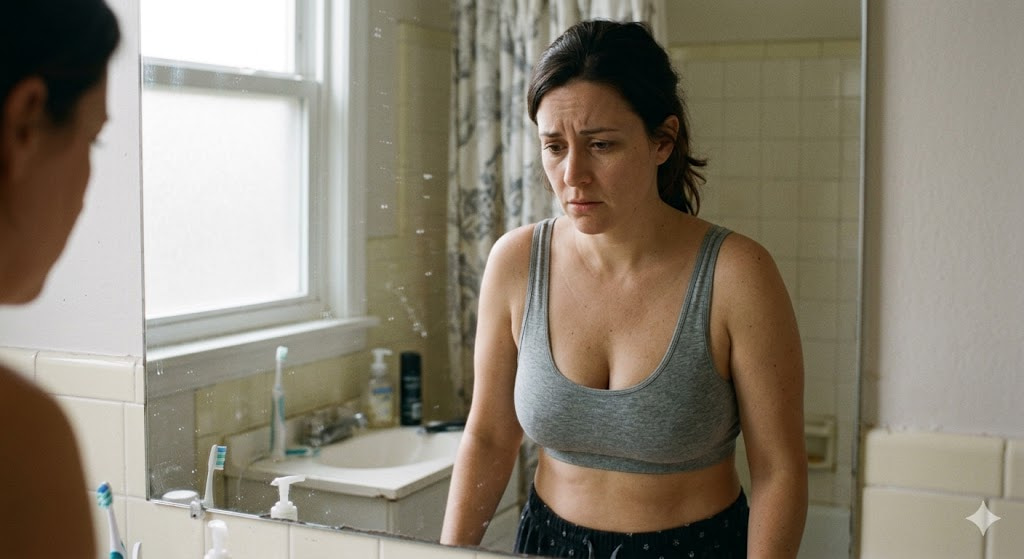 how to prevent boobs from sagging — woman concerned about sagging breasts looking in bathroom mirror
