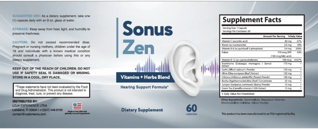 Sonus Zen ingredients list - supplement facts label showing vitamins and herbs blend for tinnitus hearing support