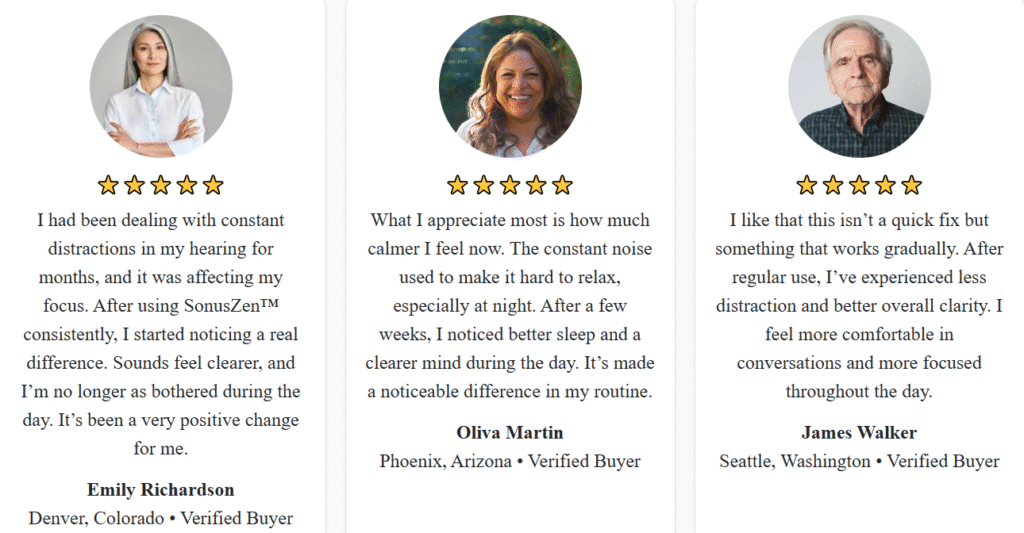 Sonus Zen for tinnitus reviews - verified buyer testimonials from Emily Richardson, Oliva Martin and James Walker