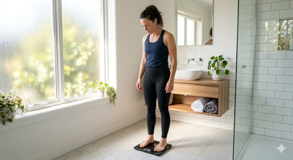 How to lose 50 pounds as a female — a woman standing on a weighing scale with determination
