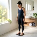 How to lose 50 pounds as a female — a woman standing on a weighing scale with determination