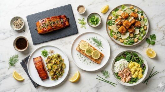 salmon recipes for lean body — flat lay of multiple healthy salmon meal recipes on marble surface