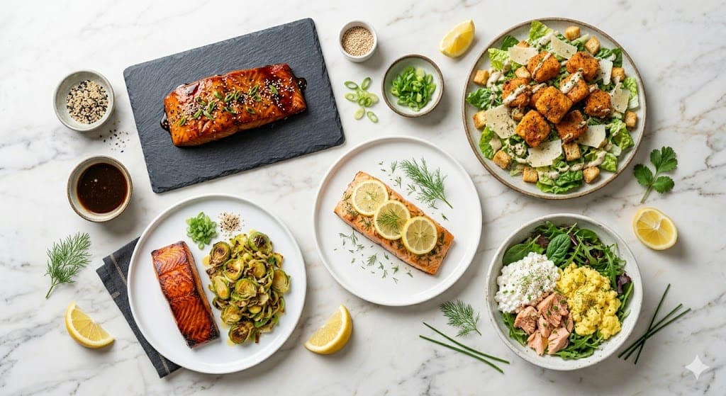 salmon recipes for lean body — flat lay of multiple healthy salmon meal recipes on marble surface