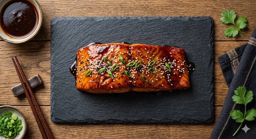 slow-baked soy teriyaki salmon fillet garnished with sesame seeds and green onions — low calorie salmon recipe for weight loss