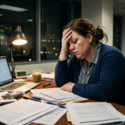 symone sanders weight loss — stressed professional woman exhausted at desk representing stress related weight gain