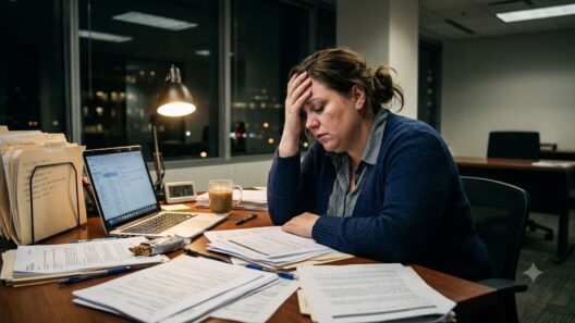 symone sanders weight loss — stressed professional woman exhausted at desk representing stress related weight gain