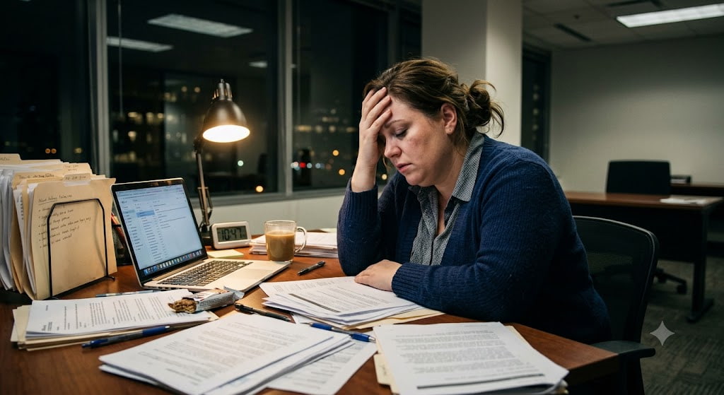 symone sanders weight loss — stressed professional woman exhausted at desk representing stress related weight gain